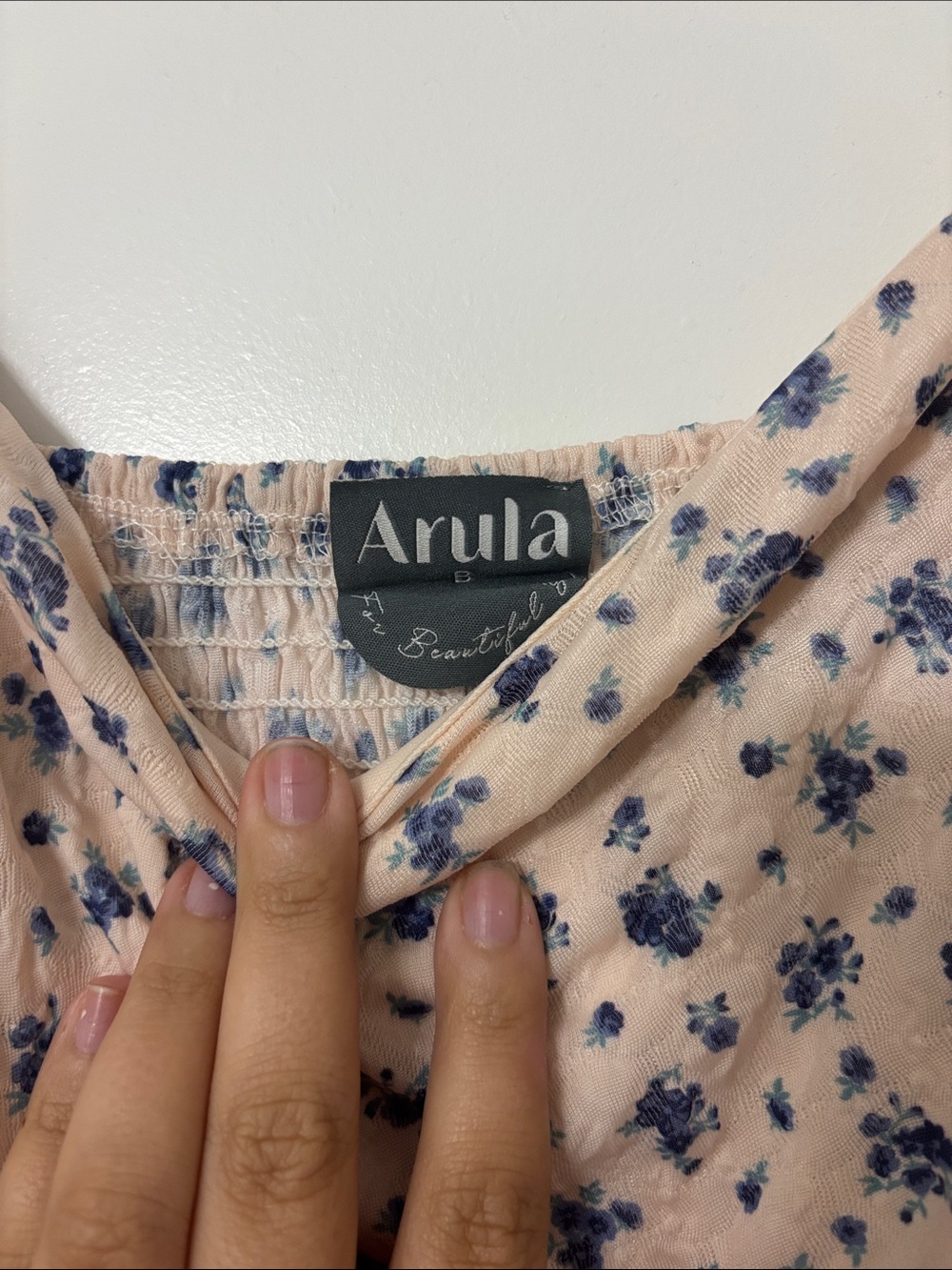 ARULA Creamy pink Mini Dress with Blue Floral Print and Square Neck - Picture 2 of 5